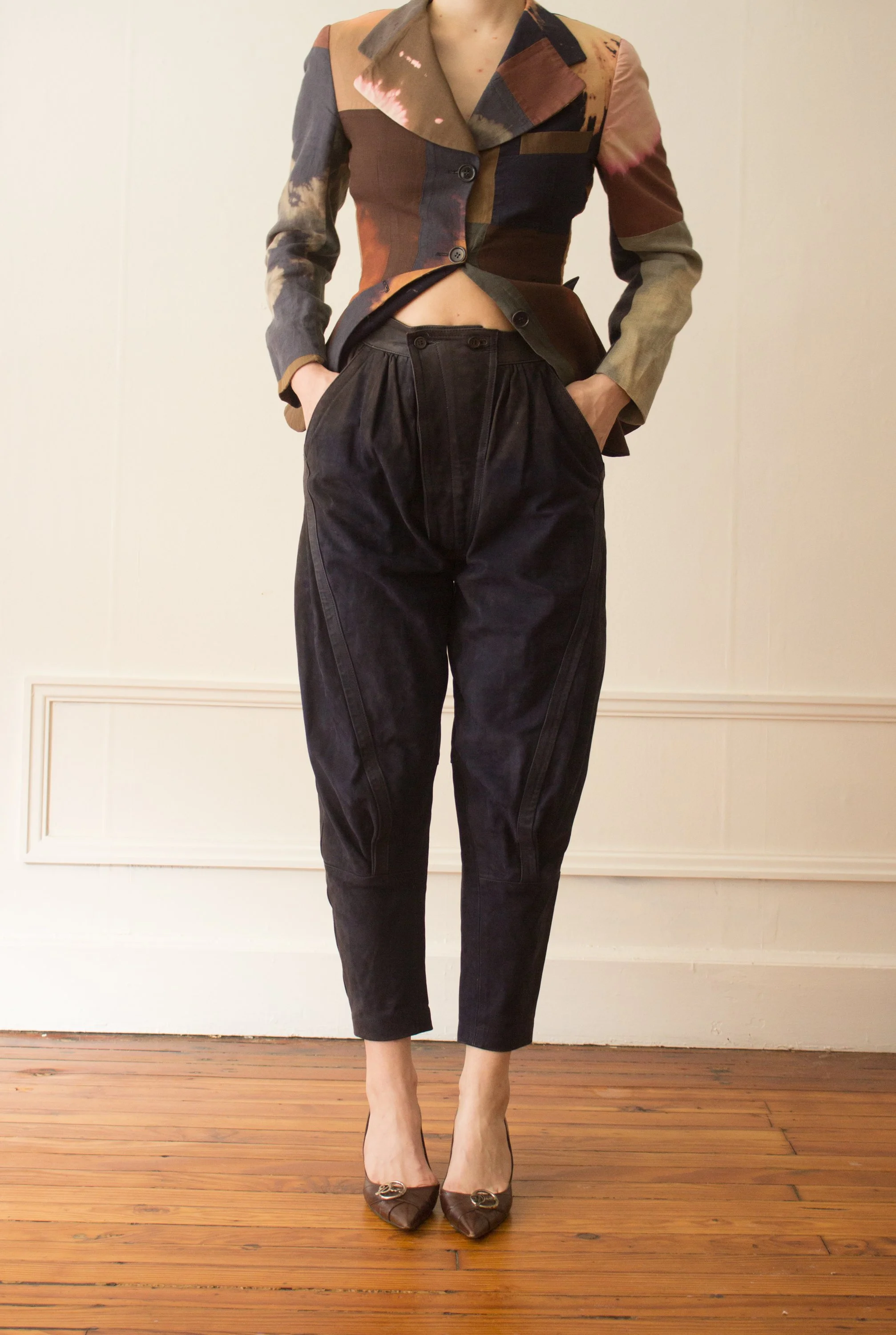 80s Vintage Marithé François Girbaud 1980s Marithe & Francois Girbaud Nubuck Leather Pegged Trousers